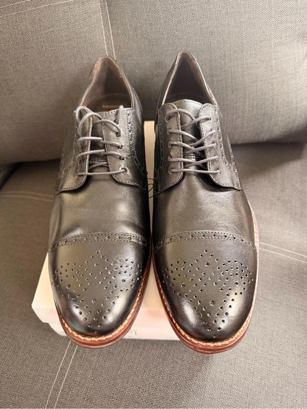 Johnston & Murphy Black Leather Cap-Toe Derby with Brown Stacked Heel